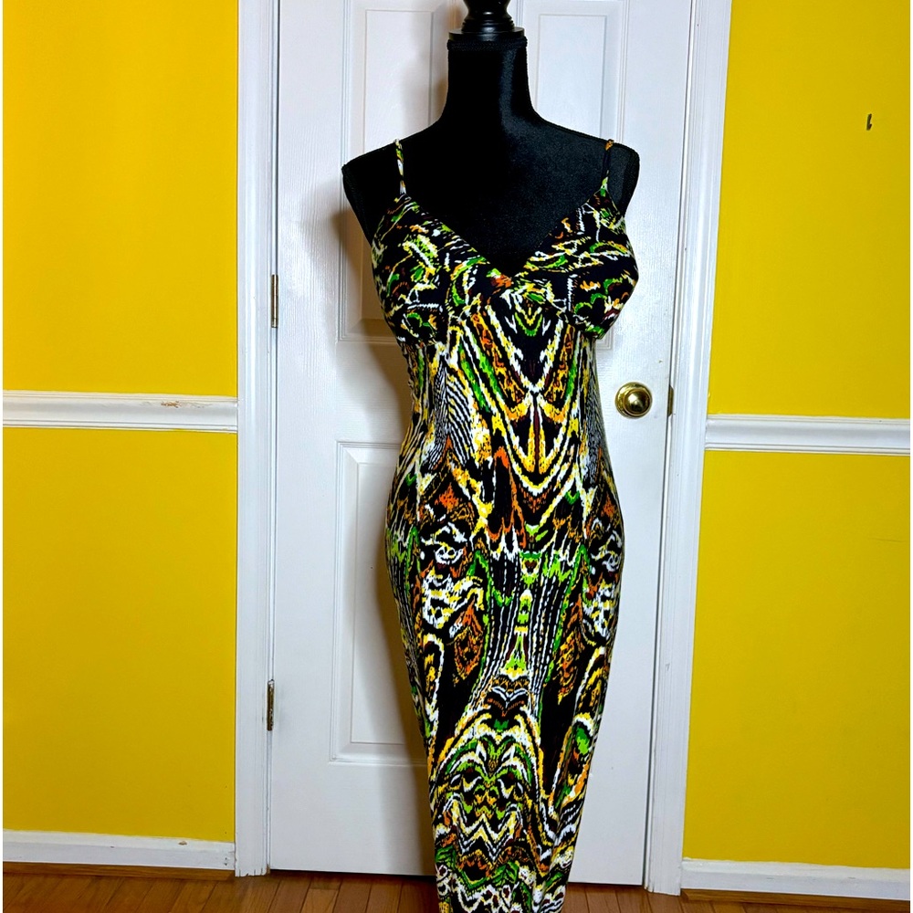 Bcbgmaxazria maxi dress with bold colors halter style back in size large.